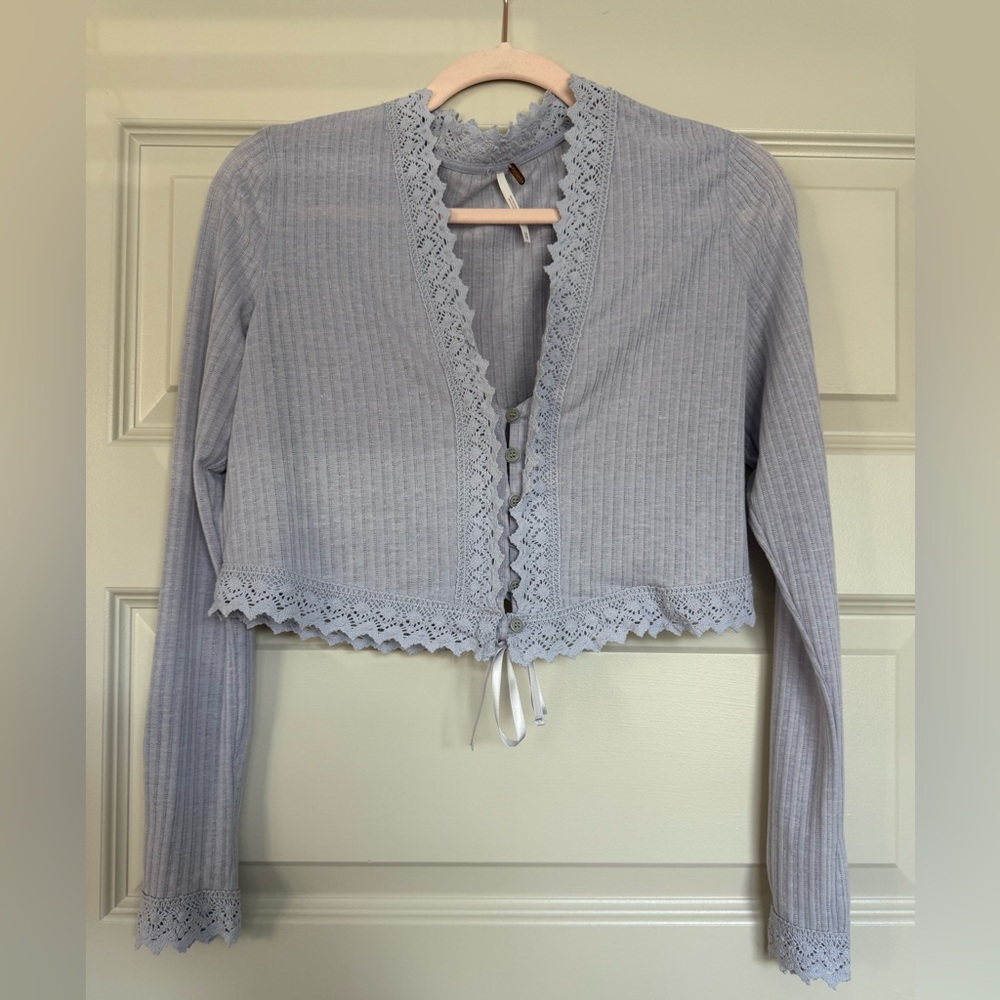 Free People Lilac Cropped Cardigan with Lace Trim